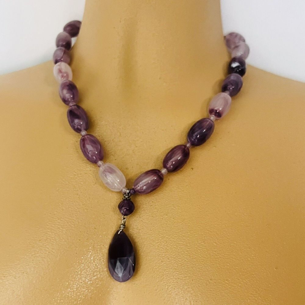 Vintage Marbled Amethyst LUCITE Plastic Chunky Beads Y Necklace Pendant